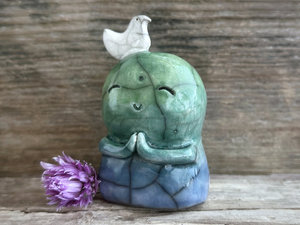 Happy Jizo with peace bird friend sculpture | raku shamanism totem, Shinto shrine