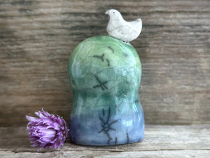 Happy Jizo with peace bird friend sculpture | raku shamanism totem, Shinto shrine