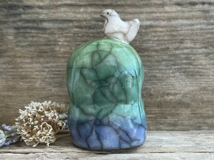Happy peace Jizo with bird friend sculpture | raku shamanism totem, Shinto shrine