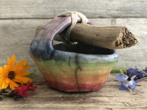 Rainbow raku ceramic & driftwood basket sculpture | wabi-sabi, rustic ritual, pride