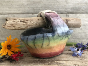 Rainbow raku ceramic & driftwood basket sculpture | wabi-sabi, rustic ritual, pride
