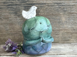 Happy peace Jizo with bird friend raku sculpture | Shinto shrine, shamanism totem