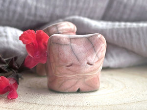 Sleepy pink cat kami sculpture | cute guardian for Shinto, shamanism