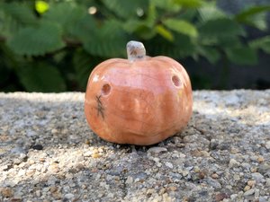 Raku ceramic orange pumpkin nature spirit kami sculpture for autumn, fall, Hallowe'en, and Samhain. Lovely statue for seasonal decorations, nature table, or pagan altar.