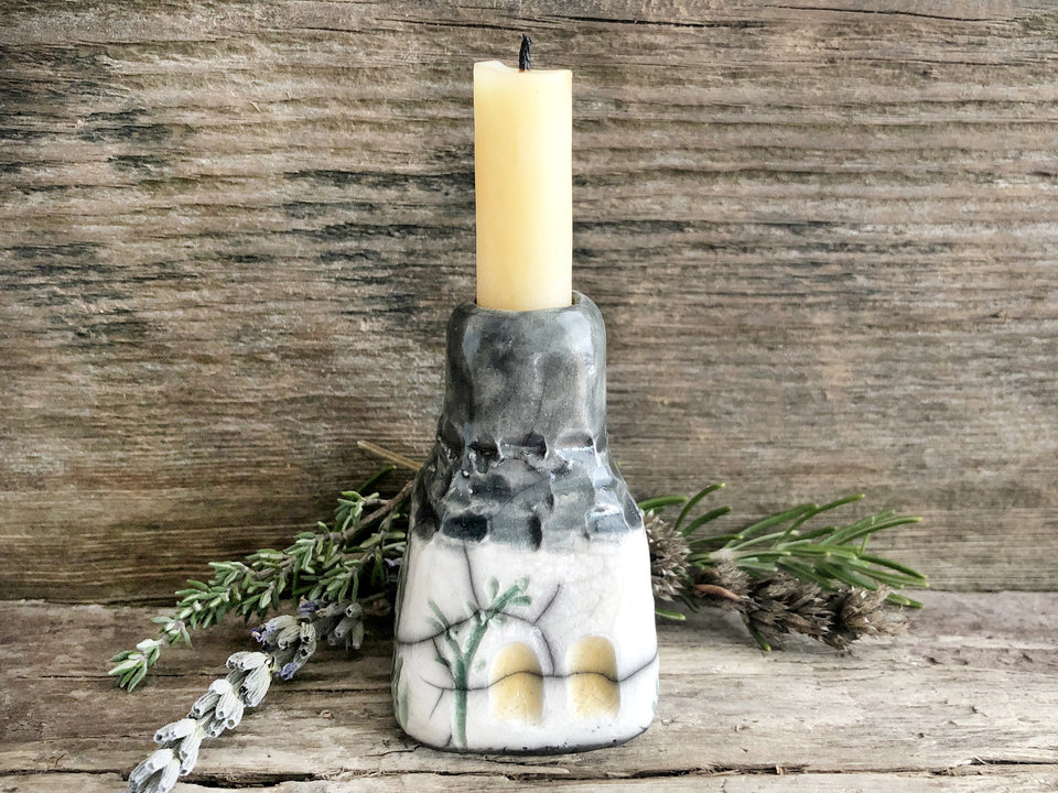 Lavender cottage sculpture, candlestick spirit & fairie house | cosy decor