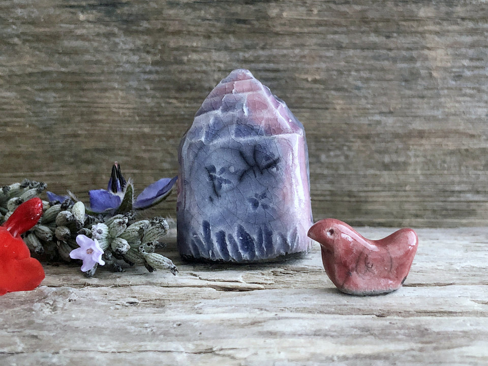 Tiny winter fairie cottage with bird spirit house raku sculpture