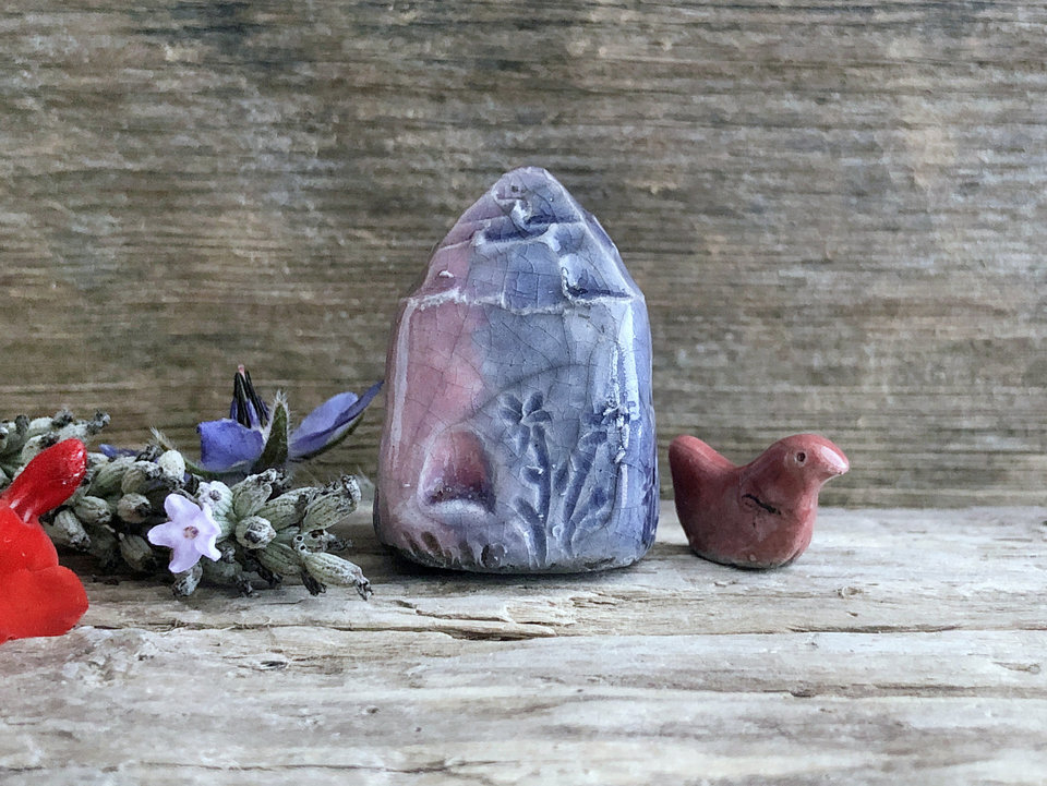 Tiny winter fairie cottage with bird spirit house raku sculpture