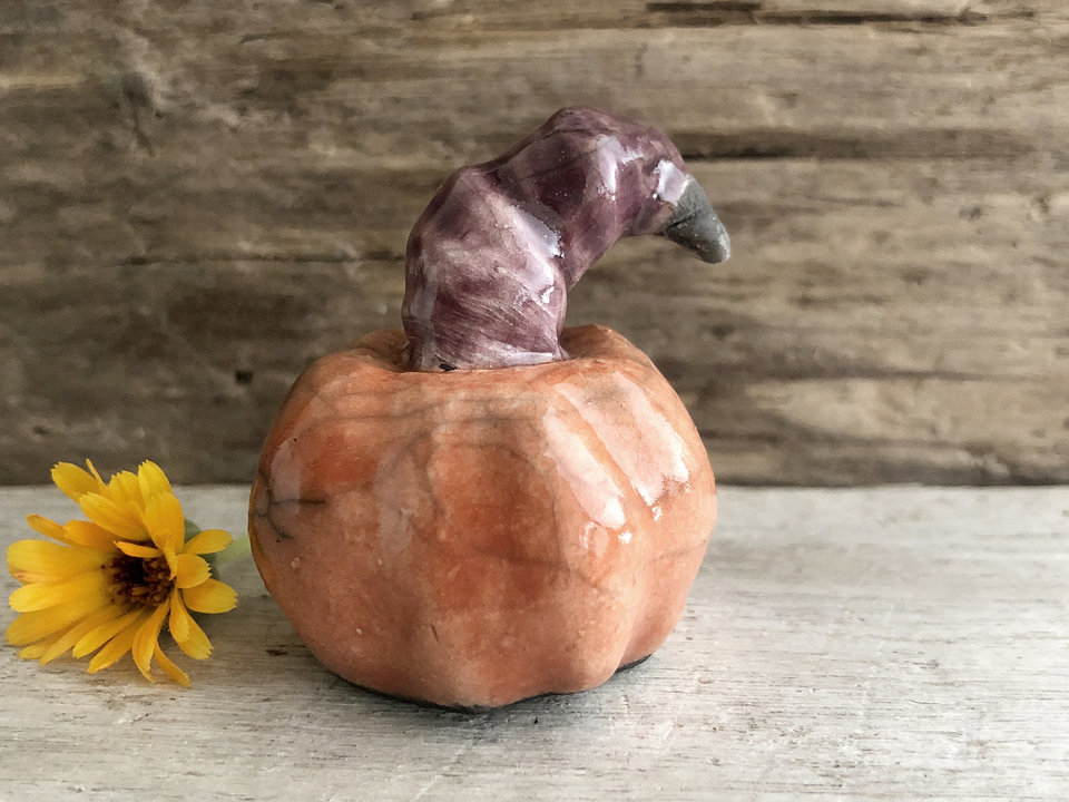 Pumpkin spirit creature autumn raku sculpture | Halloween, Samhain | jack o'lantern decoration, paganism, shamanism, fall, goblincore