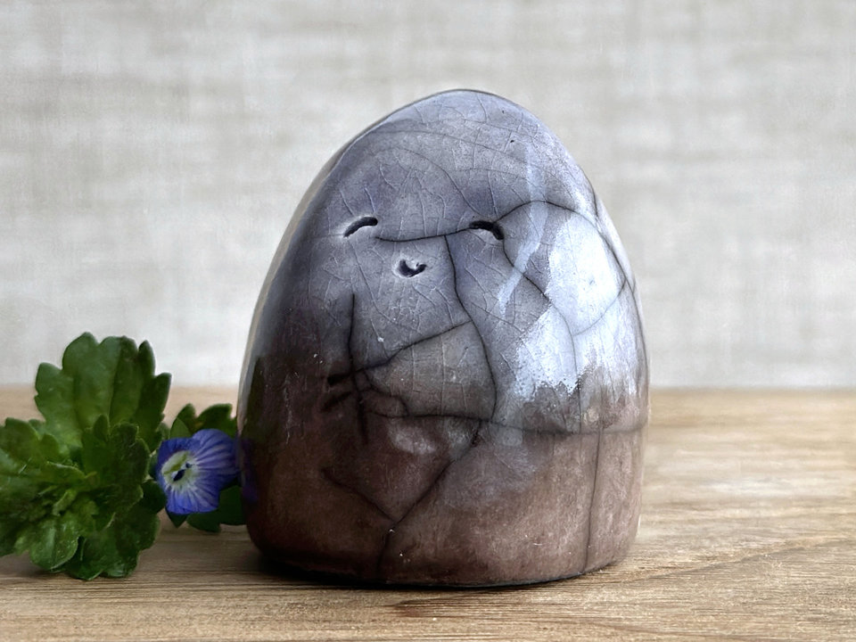 Quiet winter gnome spirit raku sculpture | Shinto shrine, shamanism guardian