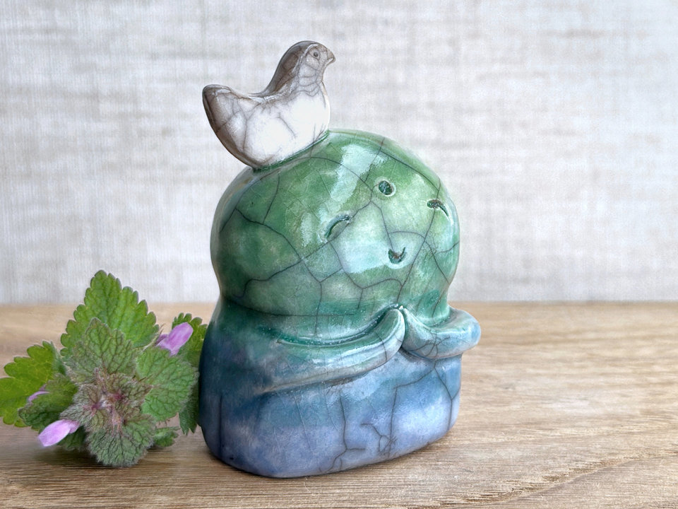 Happy peace Jizo with bird friend sculpture | raku shamanism totem, Shinto shrine