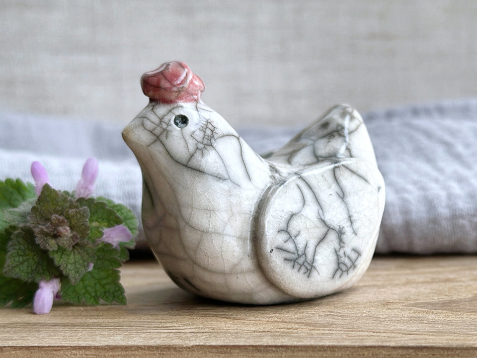 Quietly expectant chicken friend raku sculpture | Shinto guardian, shamanism totem statue