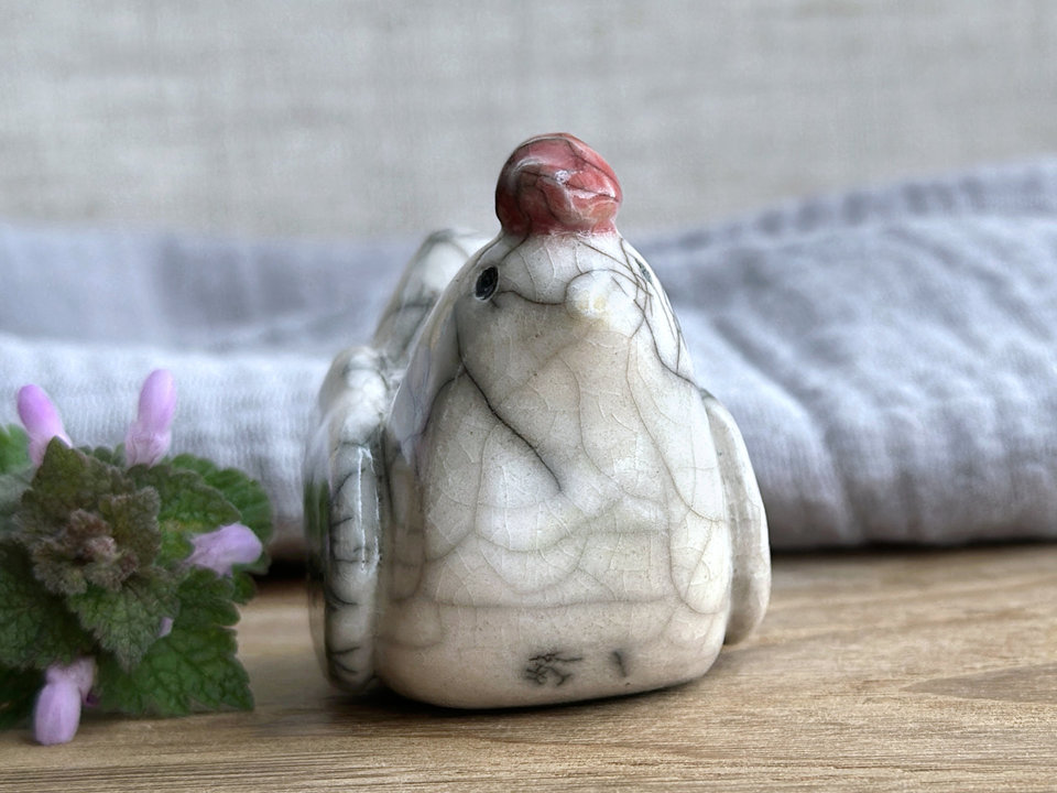 Quietly expectant chicken friend raku sculpture | Shinto guardian, shamanism totem statue