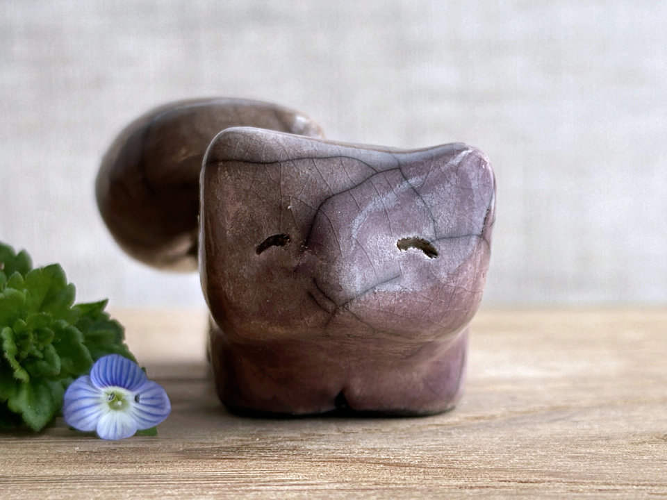 Happy winter kitsune fox kami nature spirit raku statue | Shinto shamanism sculpture