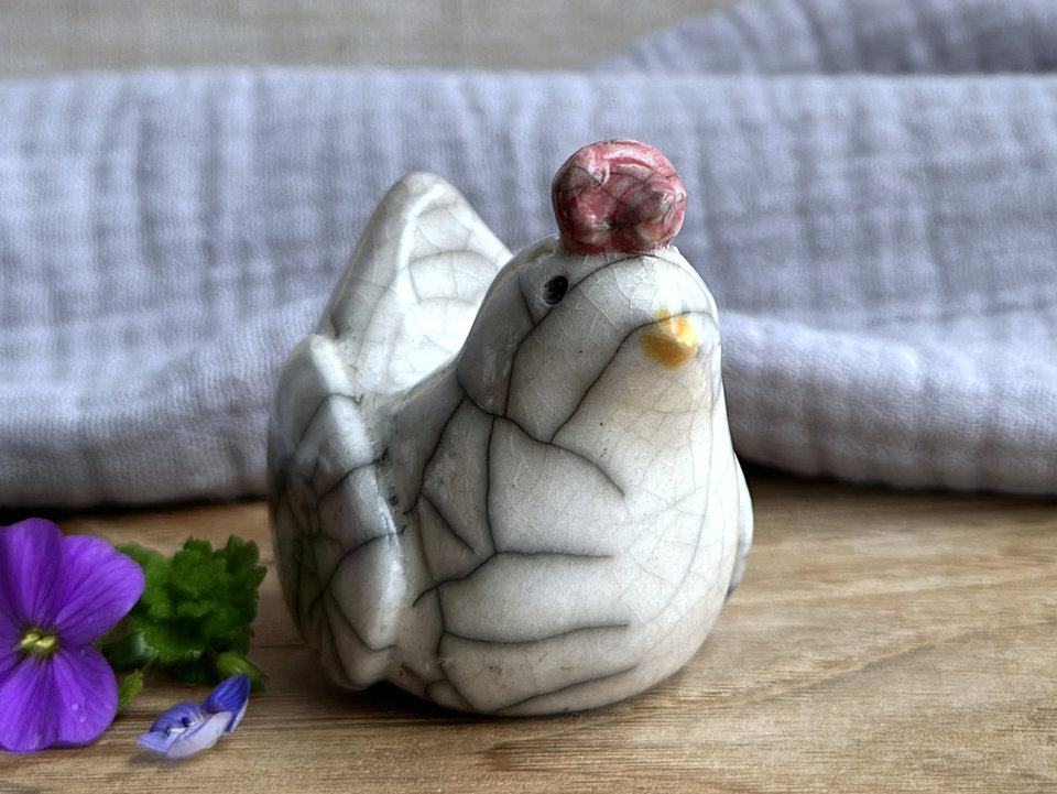 Kind and gentle chicken friend raku sculpture | Shinto guardian, shamanism totem statue
