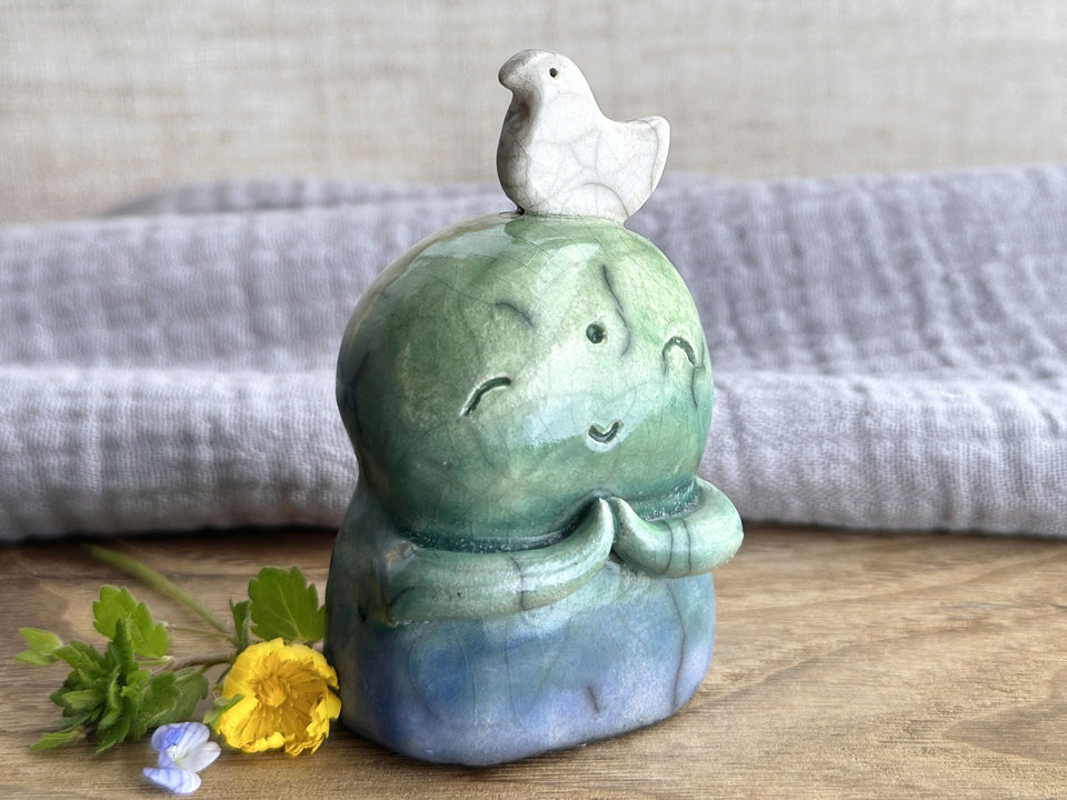 Happy peace Jizo with bird friend sculpture | raku shamanism totem, Shinto shrine