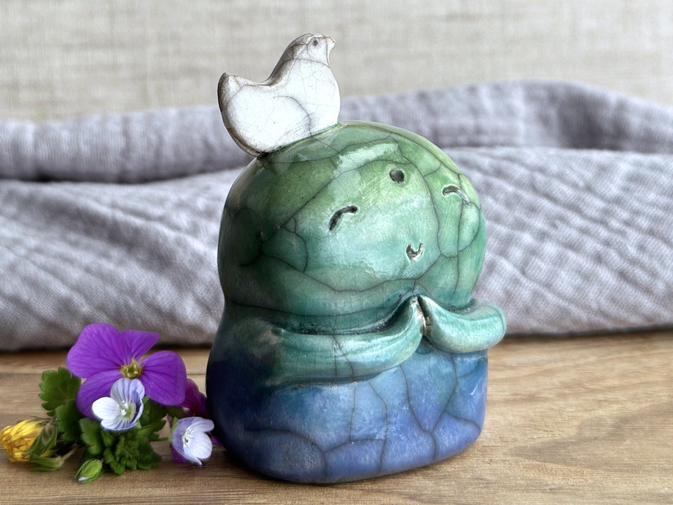 Happy peace Jizo with bird friend sculpture | raku shamanism totem, Shinto shrine