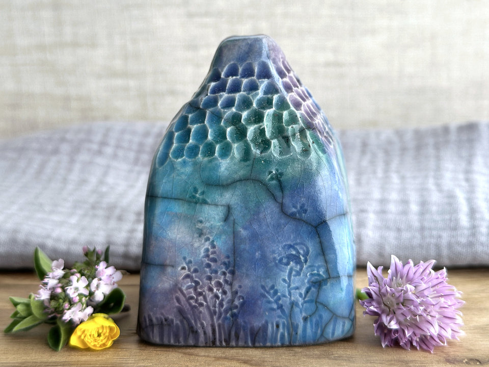 Earth and sky spirit cottage, raku ceramic faerie house shrine