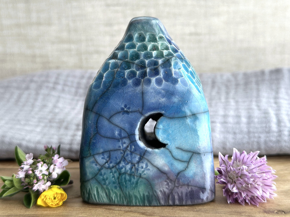 Earth and sky spirit cottage, raku ceramic faerie house shrine