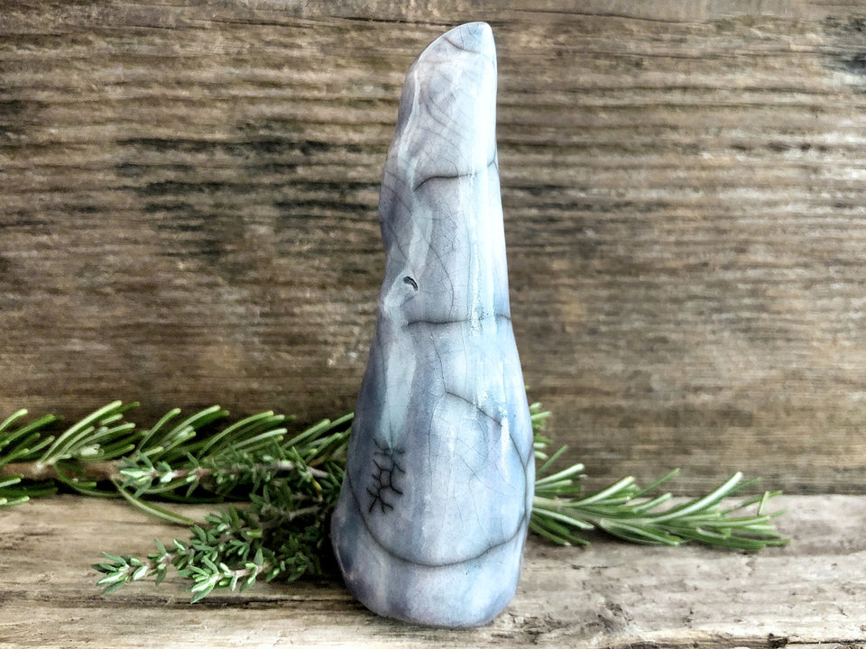 Christmas, winter solstice gnome spirit raku sculpture (blue) | Shinto Shamanism statue for altar, shrine | decoration, ornament, festive