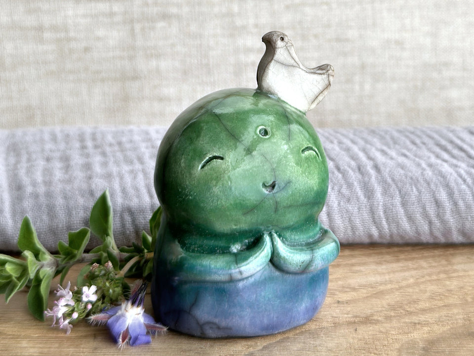 Happy peace Jizo with bird friend sculpture | raku shamanism totem, Shinto shrine