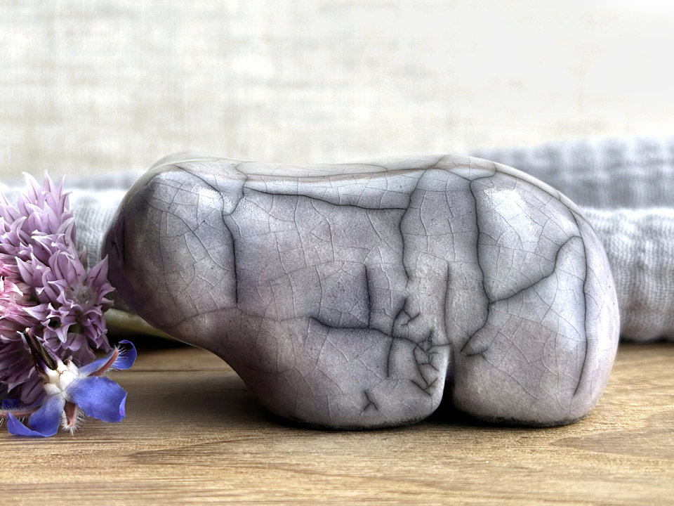 Gentle fog bear guardian nature spirit raku statue | Shinto shamanism sculpture