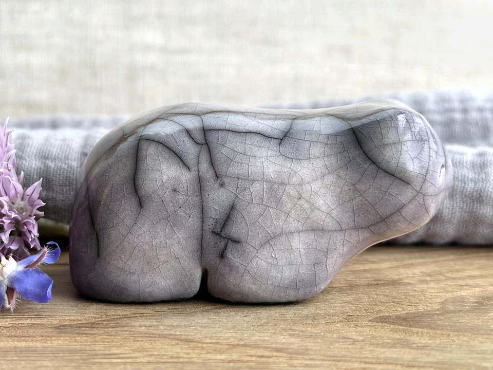 Gentle fog bear guardian nature spirit raku statue | Shinto shamanism sculpture