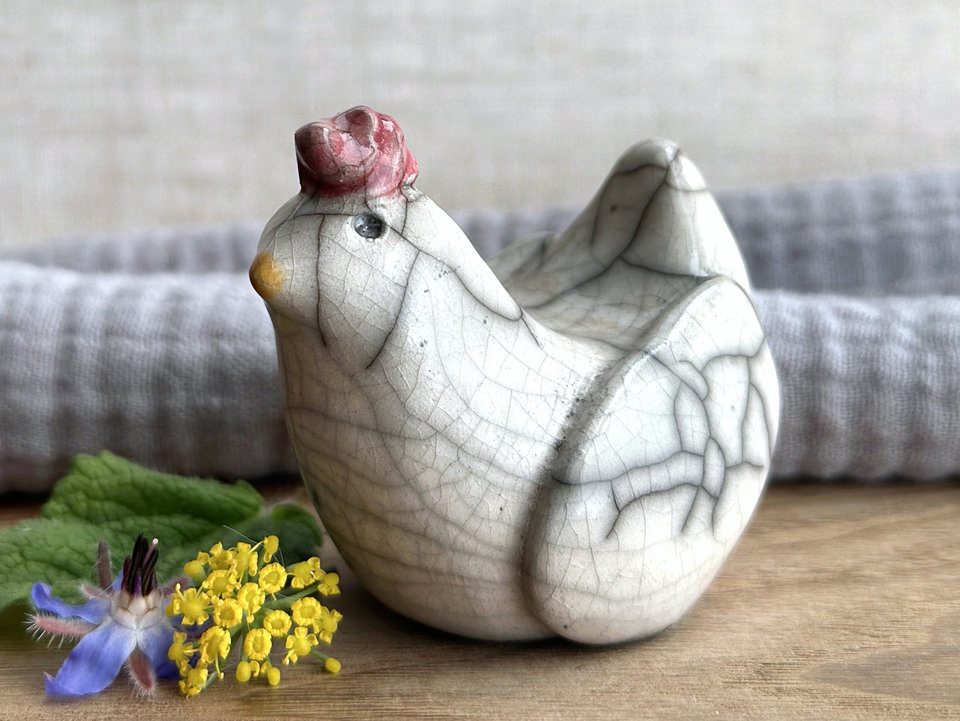 Kind and pensive chicken friend raku sculpture | Shinto guardian, shamanism statue