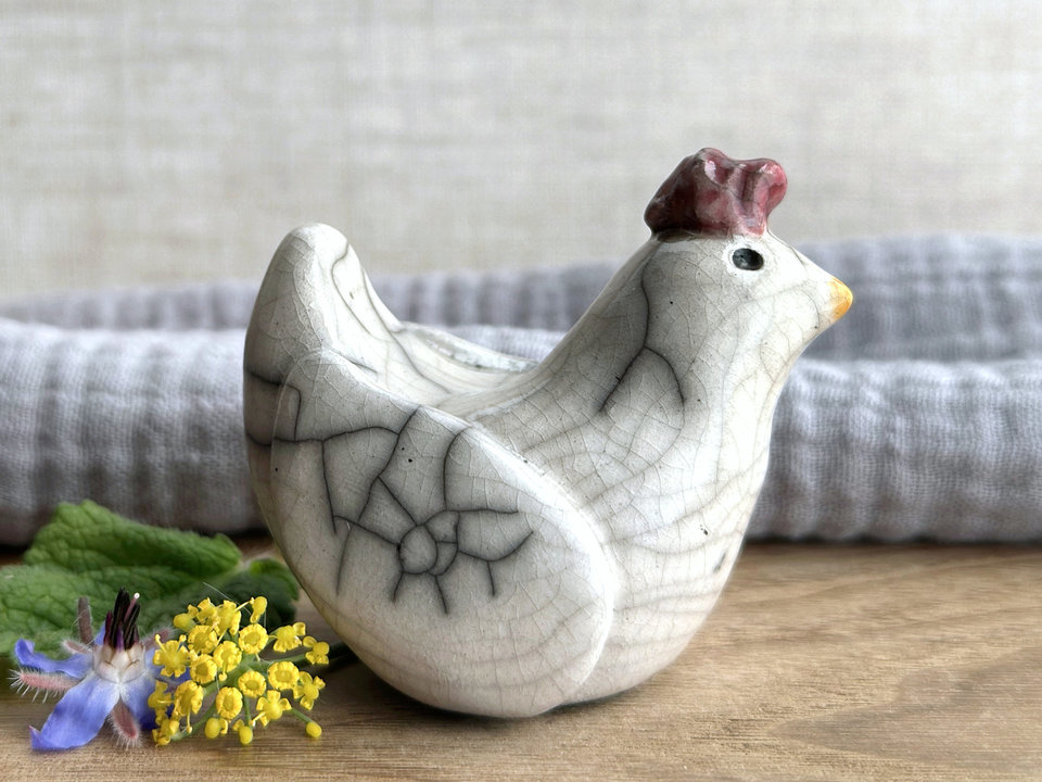 Kind and pensive chicken friend raku sculpture | Shinto guardian, shamanism statue