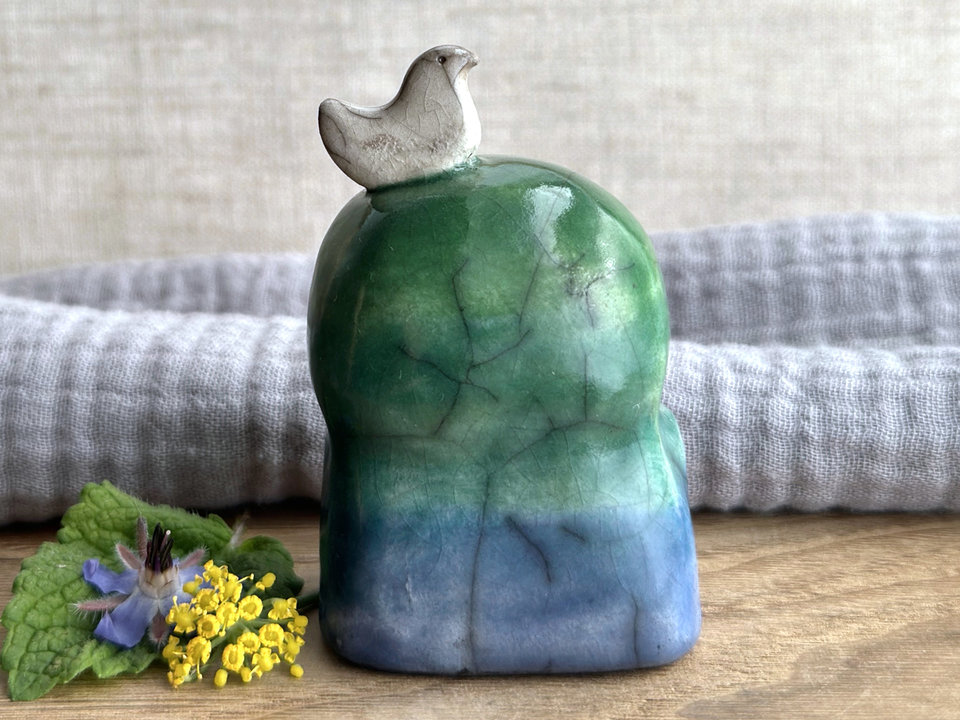 Happy peace Jizo with bird friend sculpture | raku shamanism totem, Shinto shrine