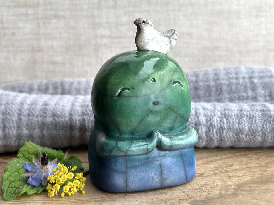 Happy peace Jizo with bird friend sculpture | raku shamanism totem, Shinto shrine