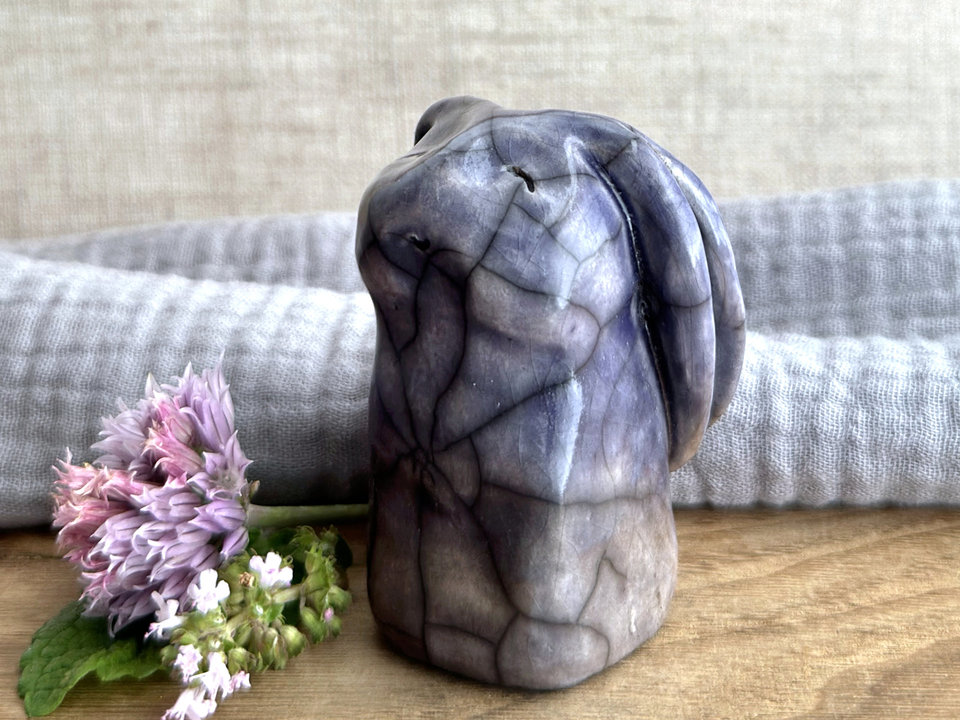 Quiet winter rabbit kami spirit guardian sculpture | Shinto shamanism raku bunny