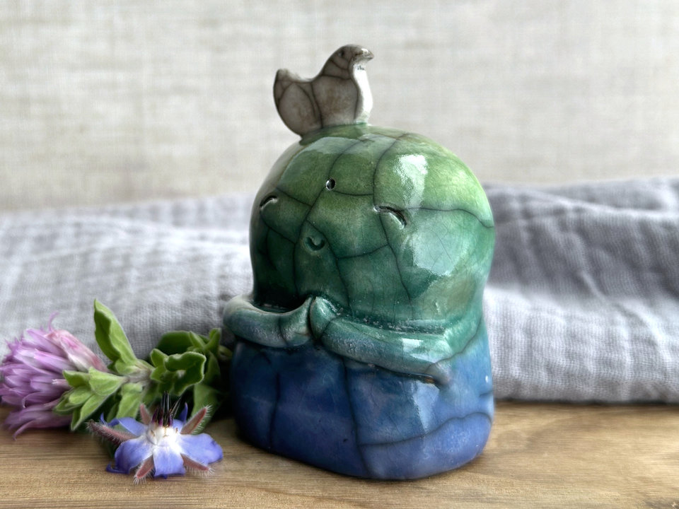 Happy peace Jizo with bird friend sculpture | raku shamanism totem, Shinto shrine
