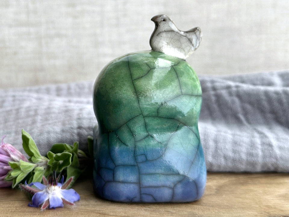 Happy peace Jizo with bird friend sculpture | raku shamanism totem, Shinto shrine