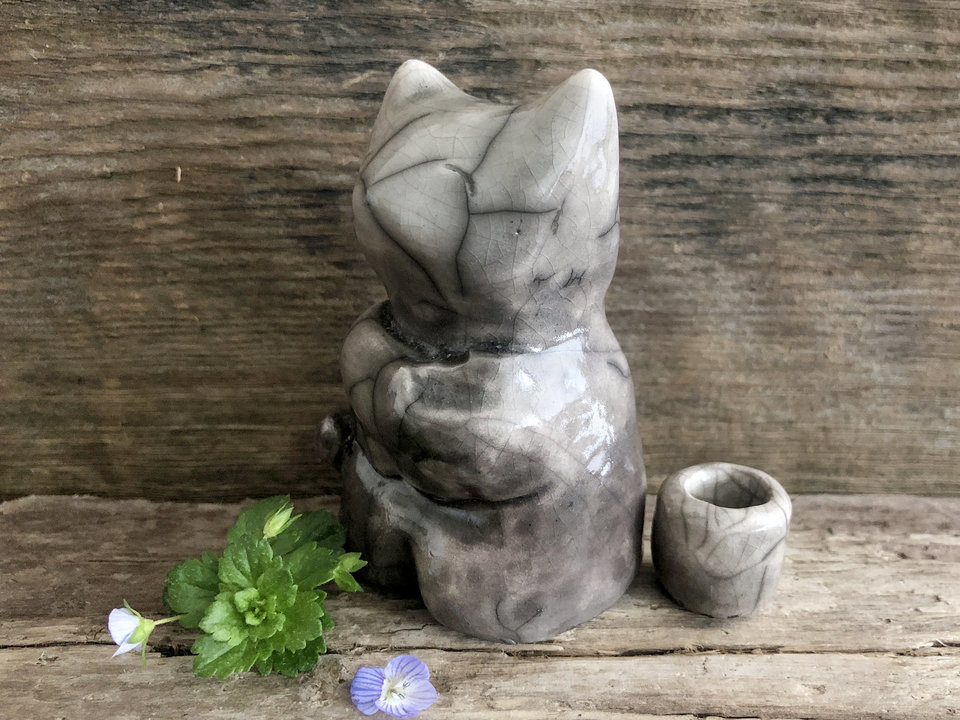 Hugging kitsune fox kami nature spirit raku sculpture | Shinto shamanism guardian