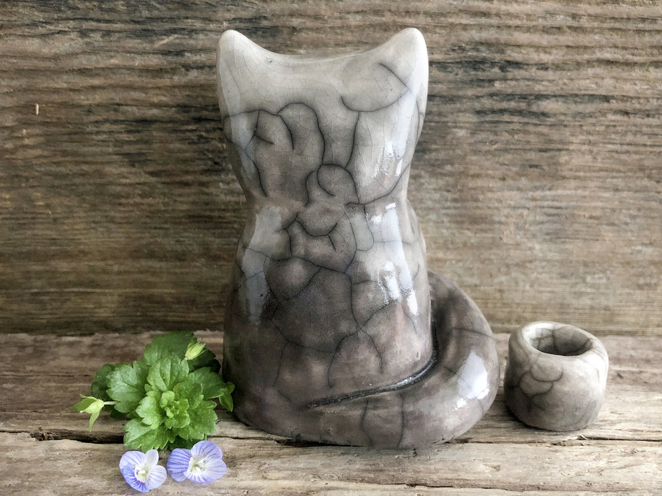 Hugging kitsune fox kami nature spirit raku sculpture | Shinto shamanism guardian