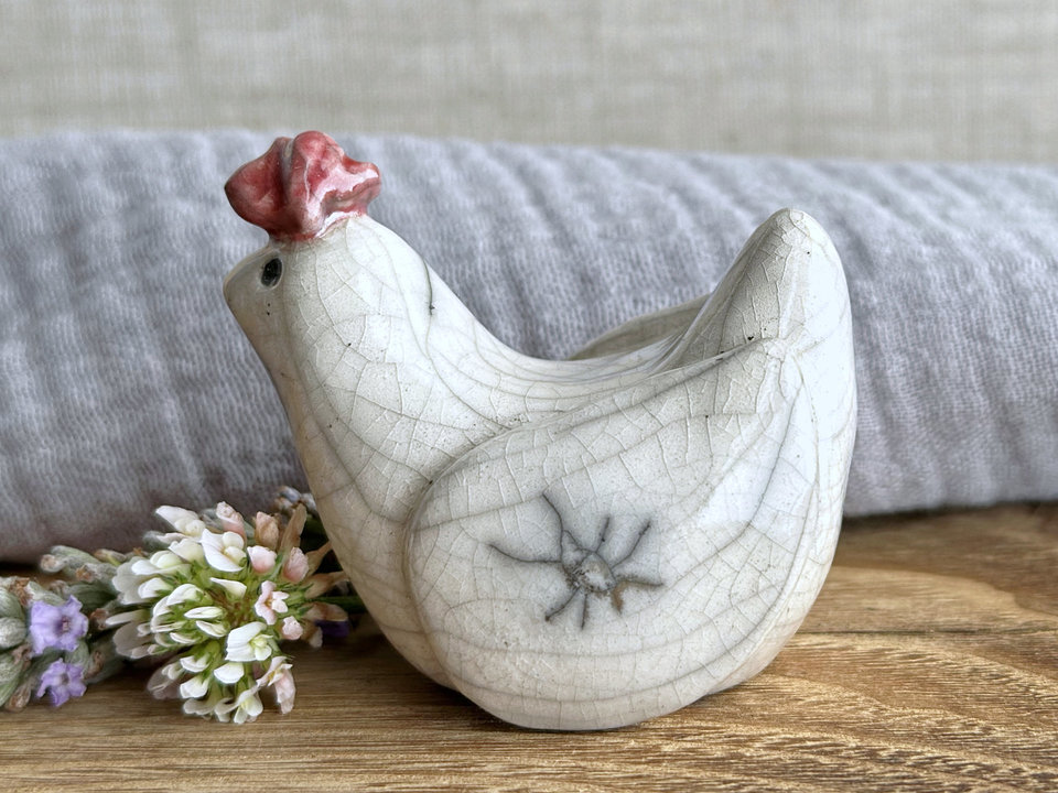 Gently concerned chicken friend raku sculpture | Shinto guardian, shamanism statue