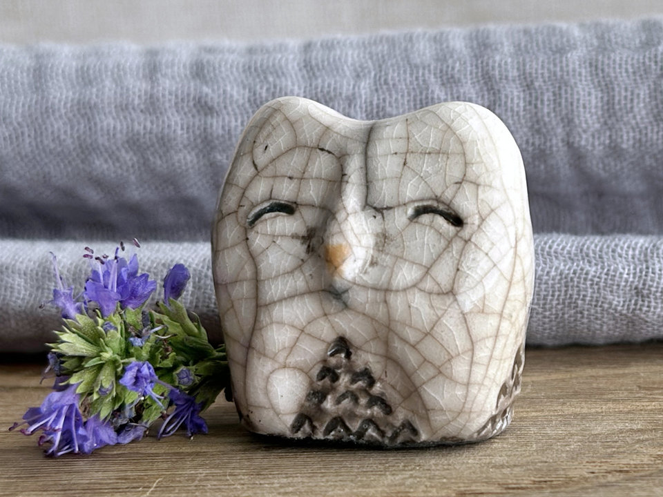 Happy owl nature spirit raku sculpture | shamanism totem, Shinto kamidana shrine
