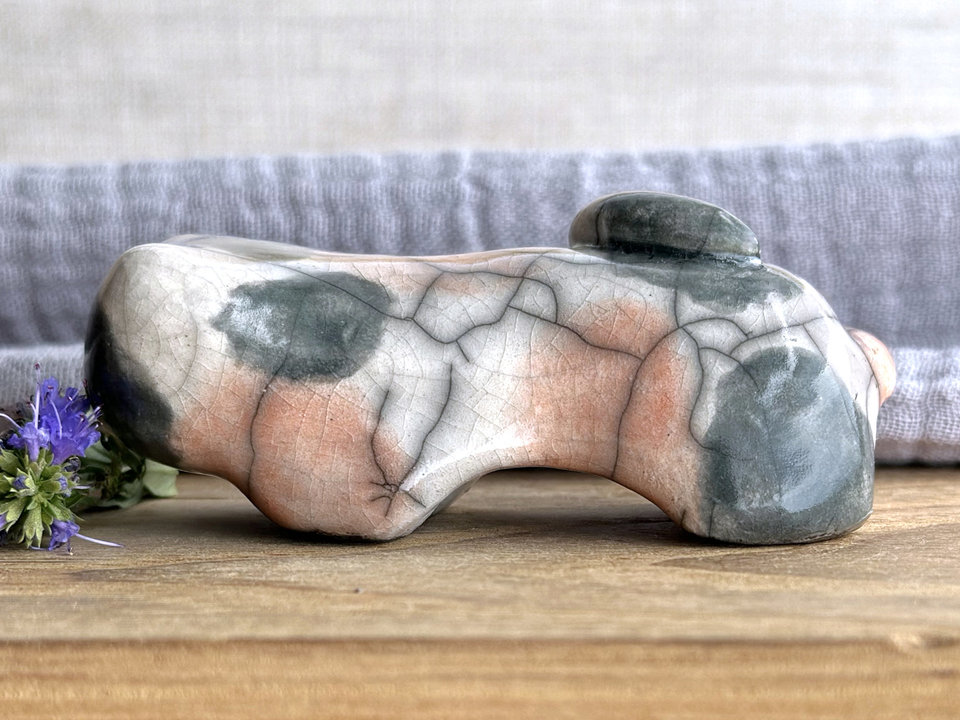 Sleepy calico cat kami sculpture | nature spirit guardian figure, Shinto, shamanism
