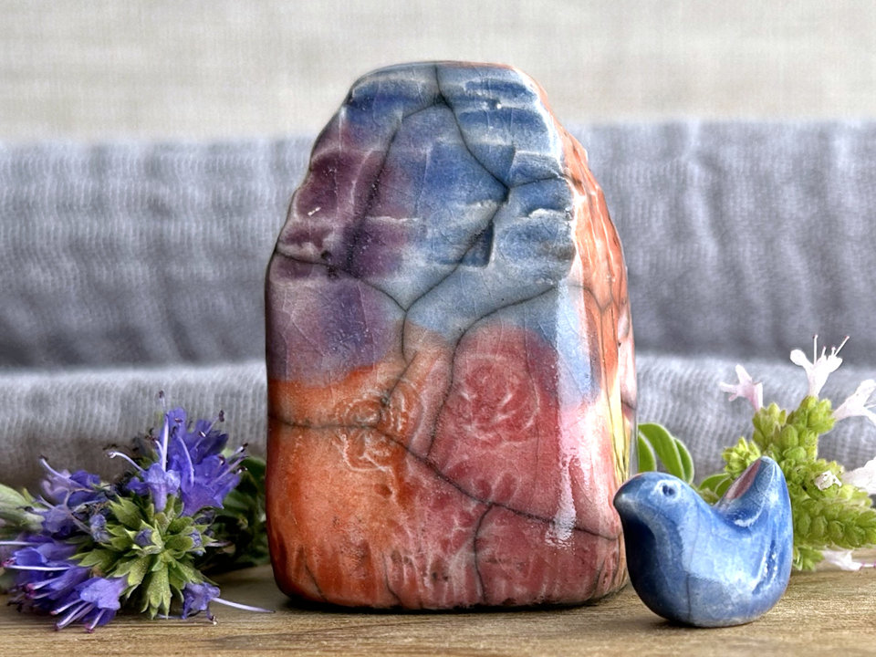 Tiny summer fairie cottage spirit house and bird friend | raku ceramic sculptures