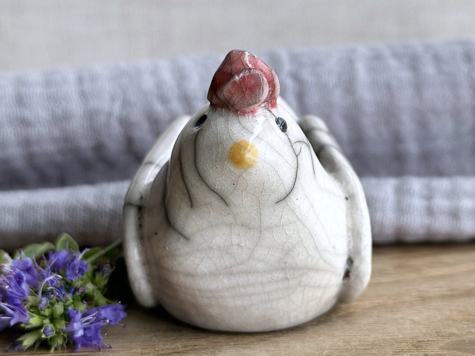 Uncertain but kind chicken friend raku sculpture | Shinto guardian, shamanism statue
