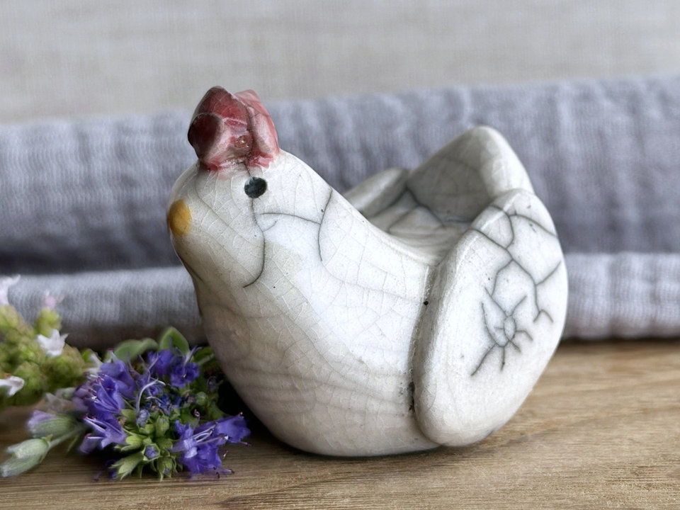 Uncertain but kind chicken friend raku sculpture | Shinto guardian, shamanism statue