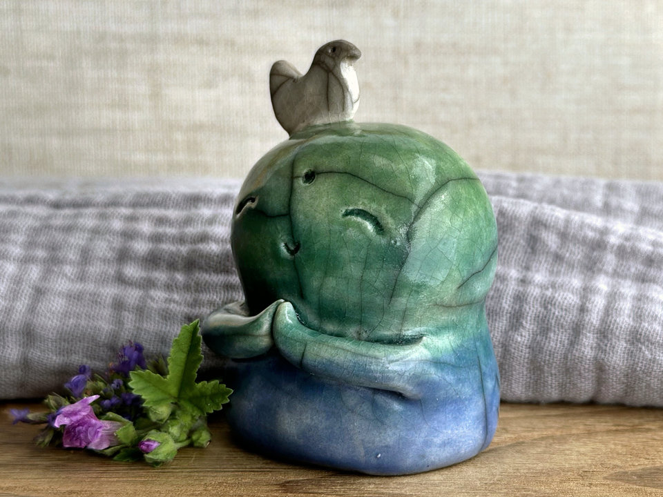 Happy peace Jizo with bird friend sculpture | raku shamanism totem, Shinto shrine