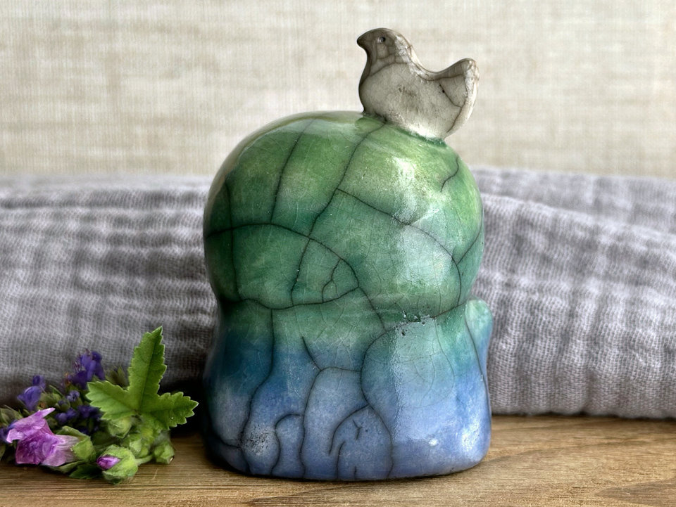 Happy peace Jizo with bird friend sculpture | raku shamanism totem, Shinto shrine