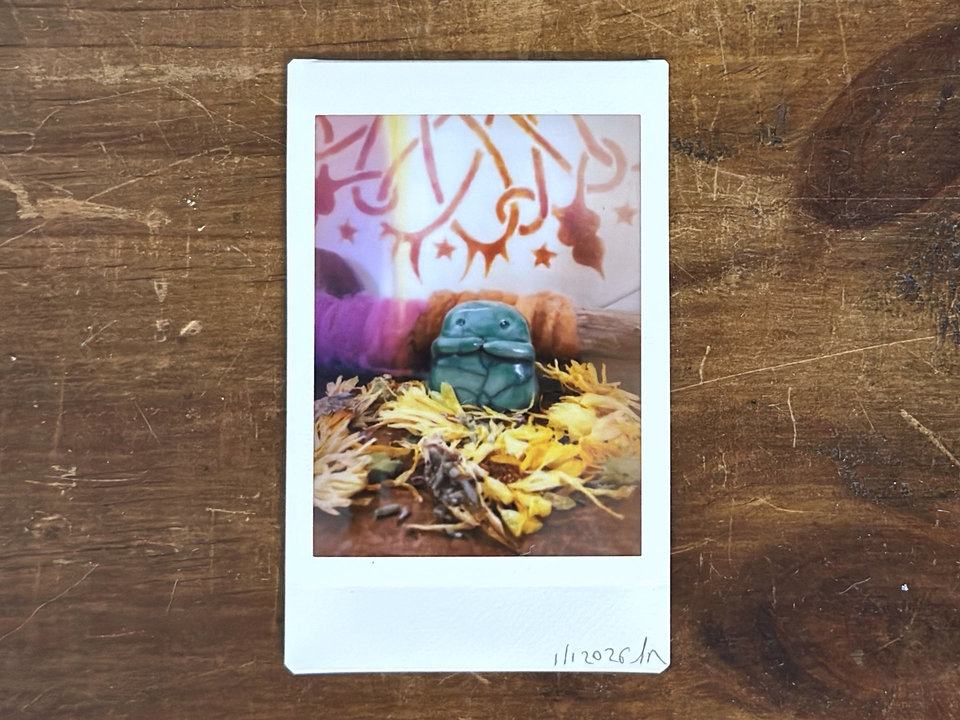 an instax mini print of a small, forest-green kodama kami with a gentle face and cute little arms. there are lots of dried, pale golden orange calendula flowers and lavender flowers around it. behind it is a stick wrapped in plant-dyed wool in warm pink and orange, and behind that is the bottom of a traditional drum decorated with henna.