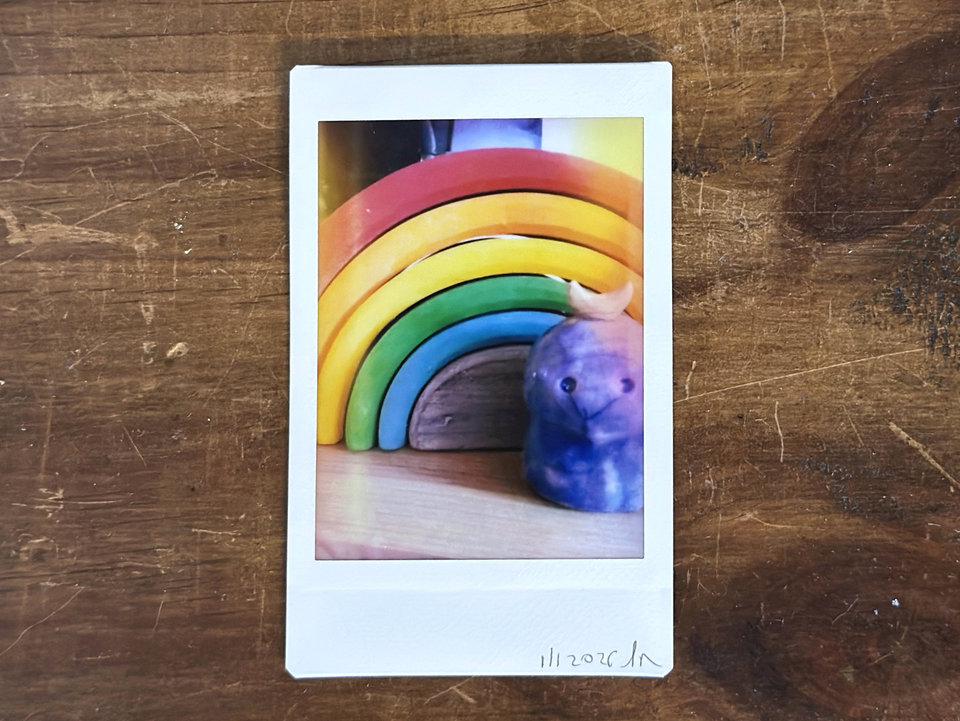 an instax mini print of a dark blue kodama spirit with a white crescent moon on their head. there's a wooden stacking rainbow behind them.