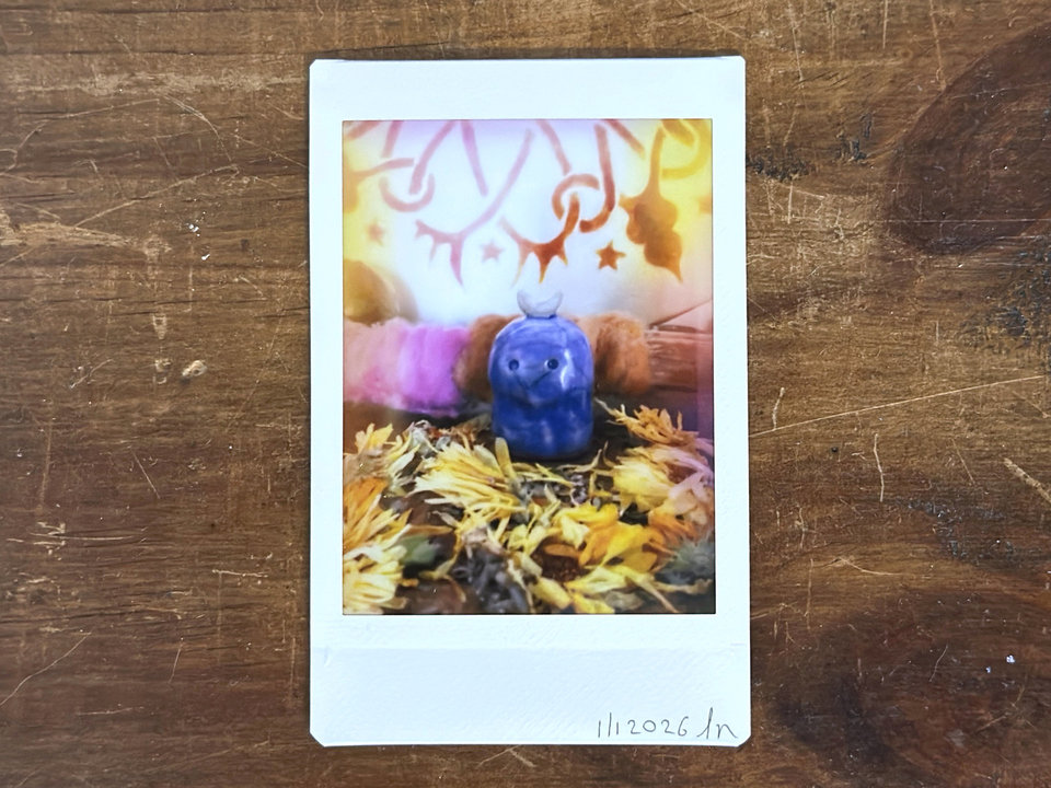 an instax mini print of a blue kodama kami with a gentle face. it has a white crescent moon on the top of its head. there are lots of dried, pale golden orange calendula flowers and lavender flowers around it. behind it is a stick wrapped in plant-dyed wool in warm pink and orange, and behind that is the bottom of a traditional drum decorated with henna.