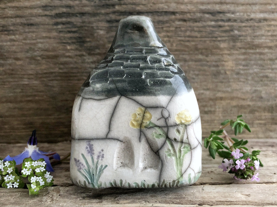 Seaside cottage raku sculpture, fairie spirit ceramic house