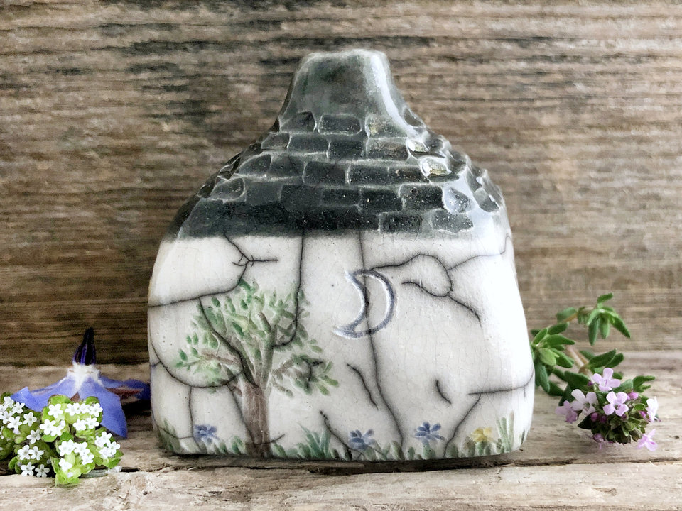 Seaside cottage raku sculpture, fairie spirit ceramic house