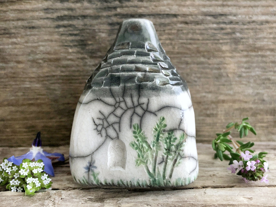 Seaside cottage raku sculpture, fairie spirit ceramic house
