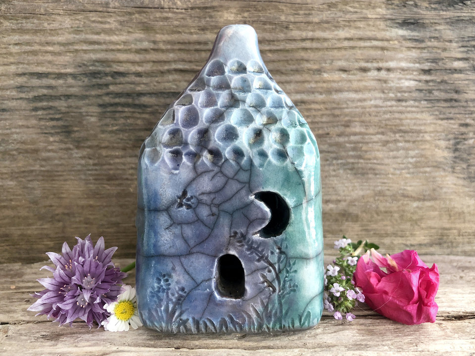 Earth and sky spirit cottage, raku ceramic faerie house shrine